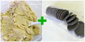 collage of 2 images - one a bowl of tan cookie dough, the other a clear sleeve of chocolate cookies
