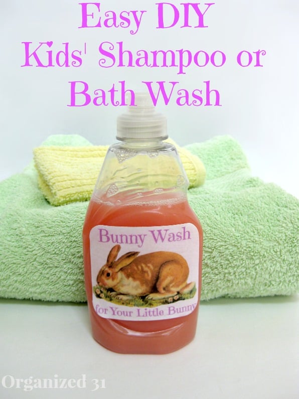 A soap bottle labeled Bunny Wash for your little bunny next to a yellow washcloth and green towel with title text reading Easy DIY Kids' Shampoo or Bath Wash
