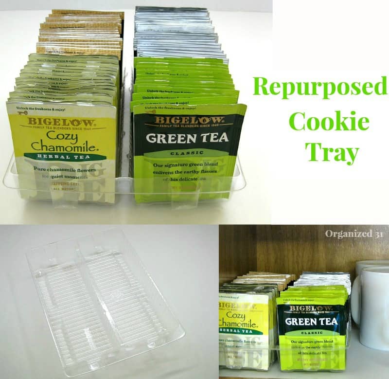 a collage of 3 images showing how to use a repurposed cookie tray to organize tea bags