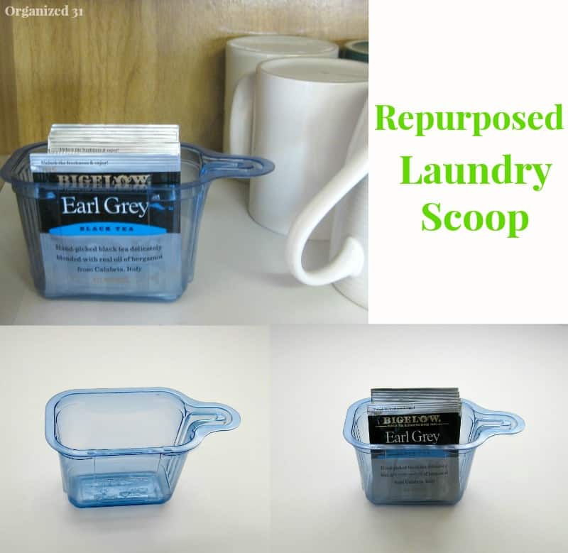 a collage of 3 images showing how to organize bags of tea using a laundry scoop