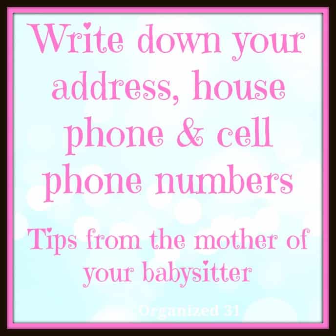 pink, black and blue graphic that says "write down your address, house phone & cell phone numbers"