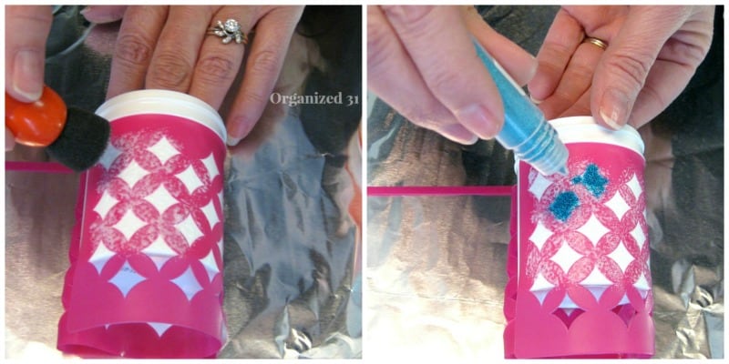 a collage of 2 images showing a person applying glitter glue on a stencil on a container
