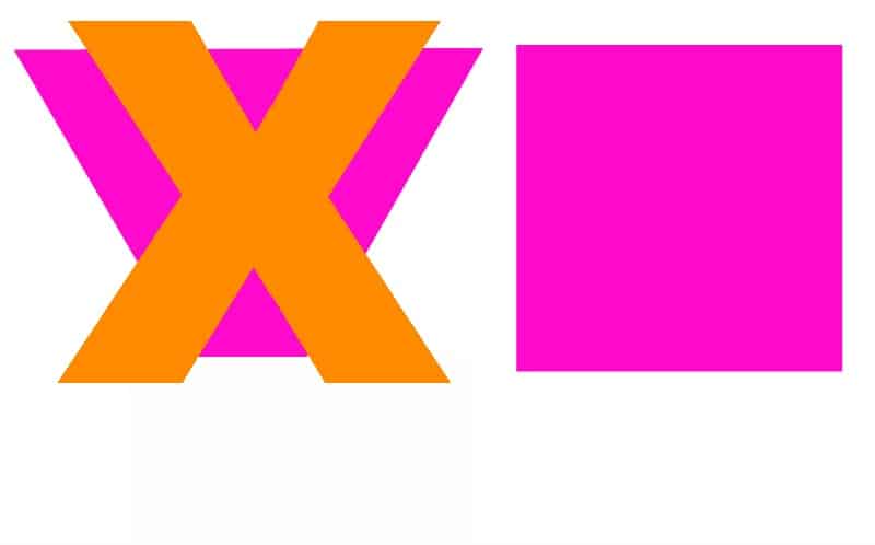 an orange x on a pink trapezoid, next to a pink square
