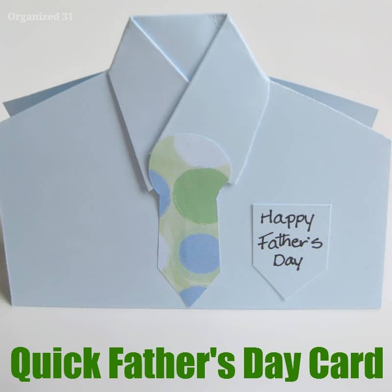 close-up of Father's Day card of paper folded like blue dress shirt and tie.