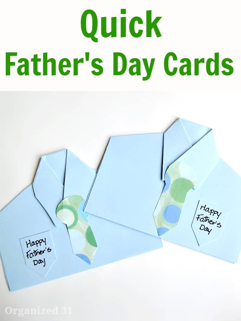 two handmade Father's Day cards folded to look like blue dress shirts and ties.