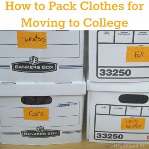 stack of white document boxes with orange labels with title text reading How to Pack Clothes for Moving to College