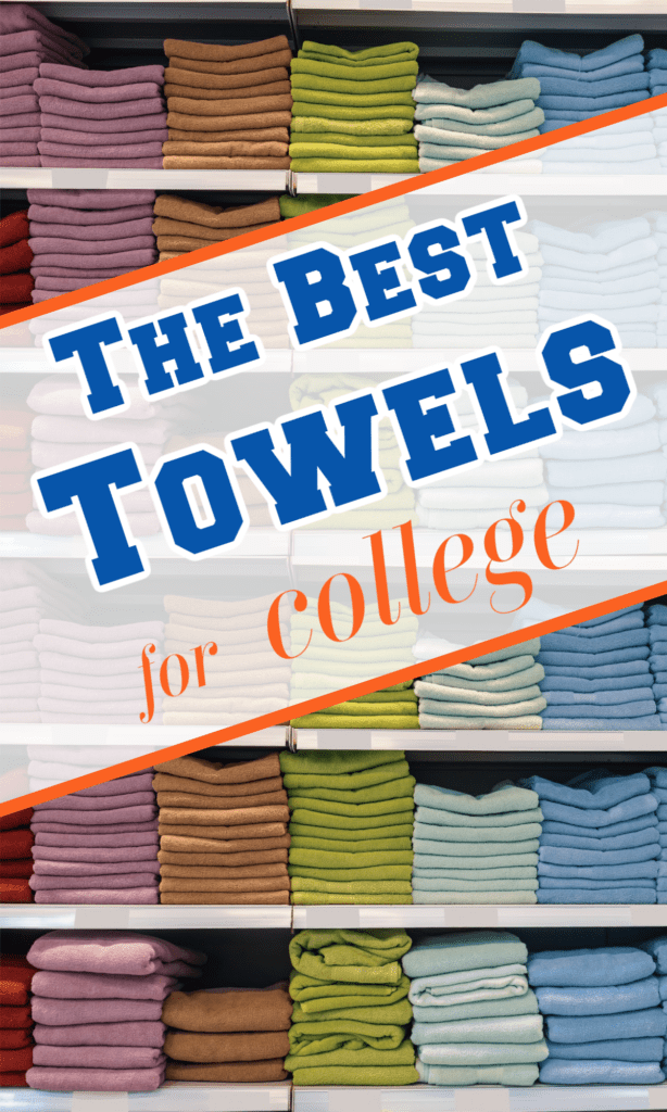 stacks of different colors of towels on shelves with text overlay