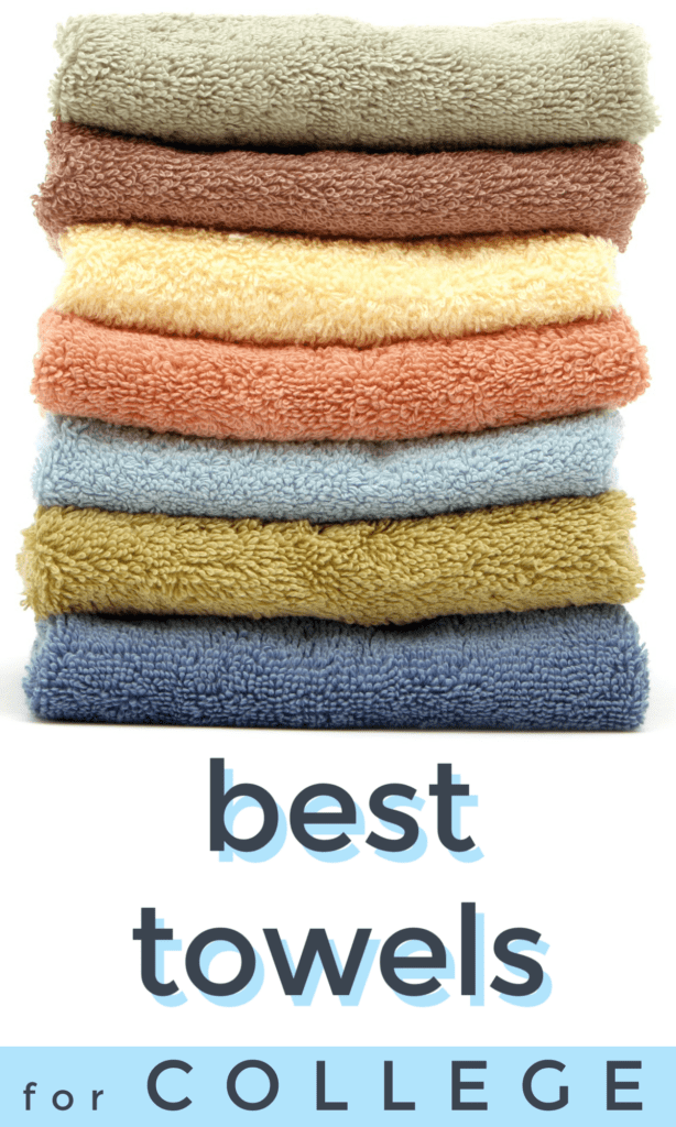 single stack of different color towels on white background with text