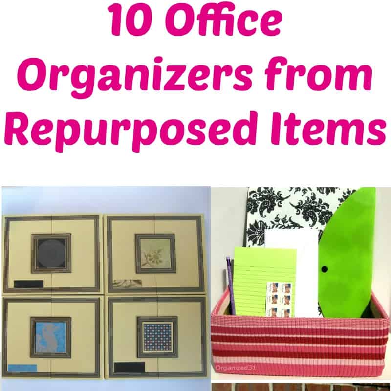collage of two images of office organizing boxes from repurposed boxes.