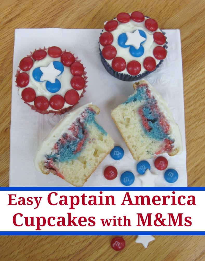 red and blue cupcakes decorated to look like Captain America's shield 