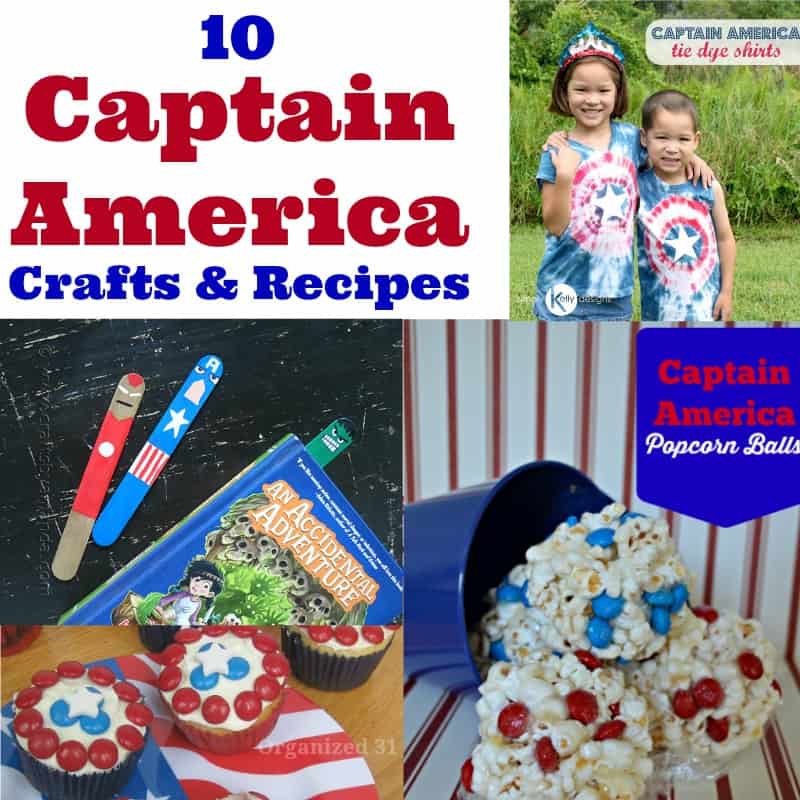 collage of 4 red, white and blue Captain America crafts and recipes