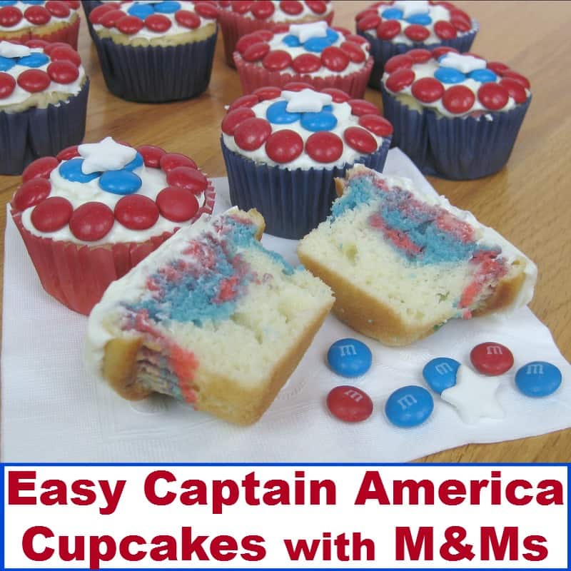Easy Captain America Cupcakes with M&Ms