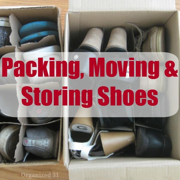 overhead view of shoes organized in cardboard box with text overlay
