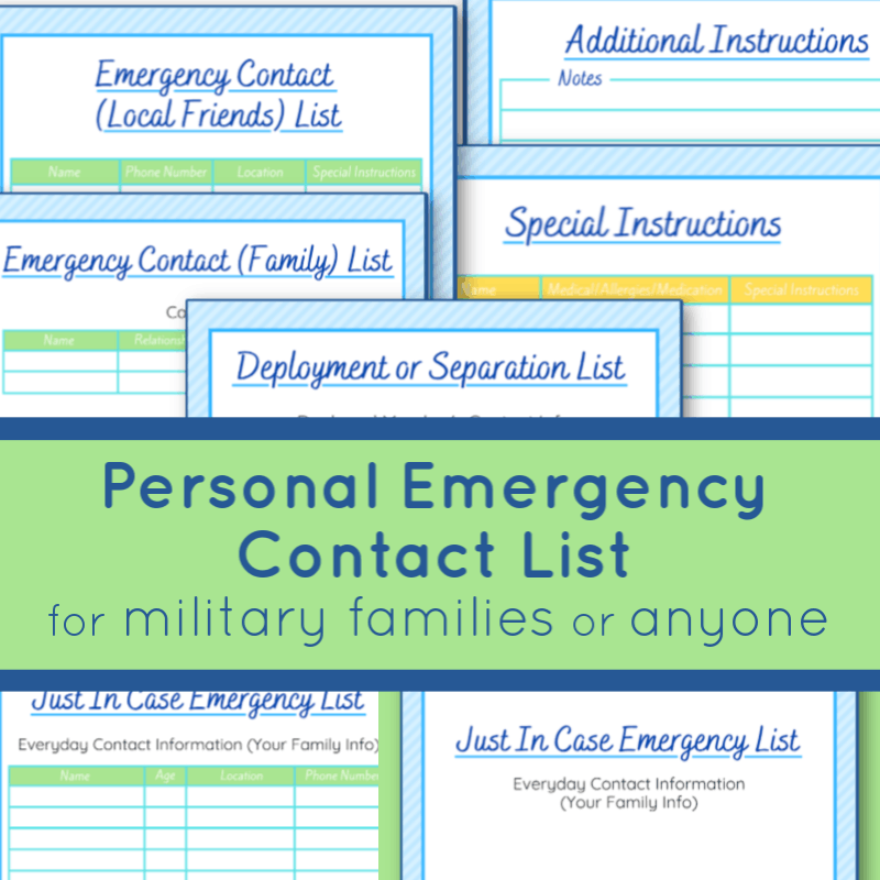 images of checklists for emergency contact information in blue and green.