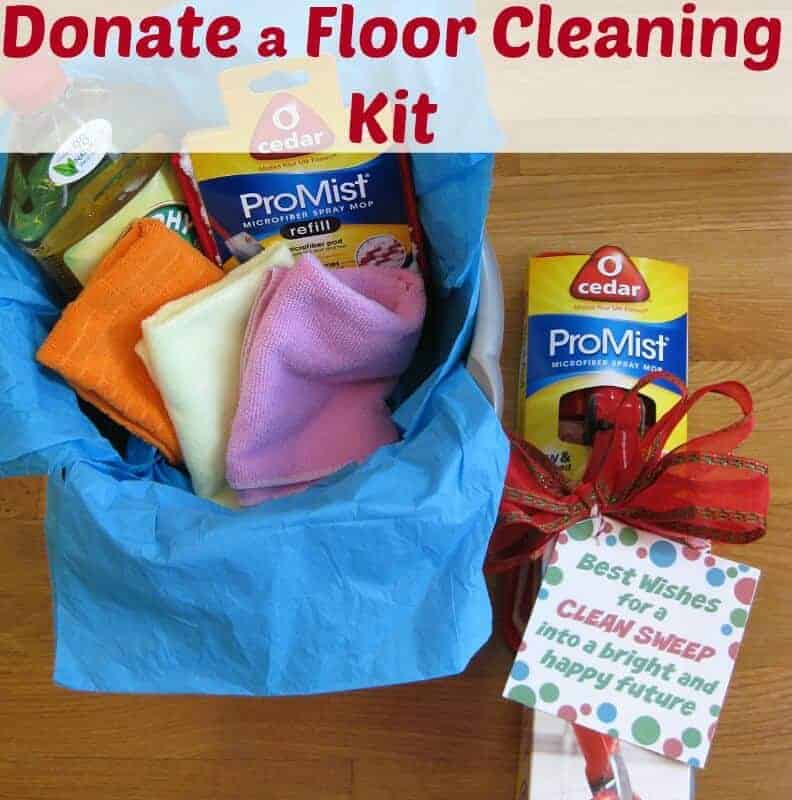 colorful cleaning clothes and supplies in bucket next to new mop with gift tag.