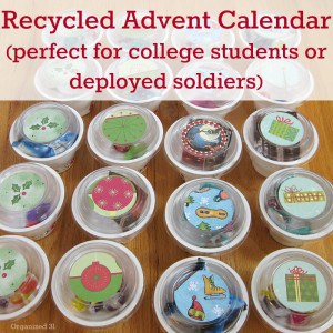 Diy Advent Calendar made using cups with title text overlay reading Recycled Advent Calendar (perfect for college students or deployed soldiers)