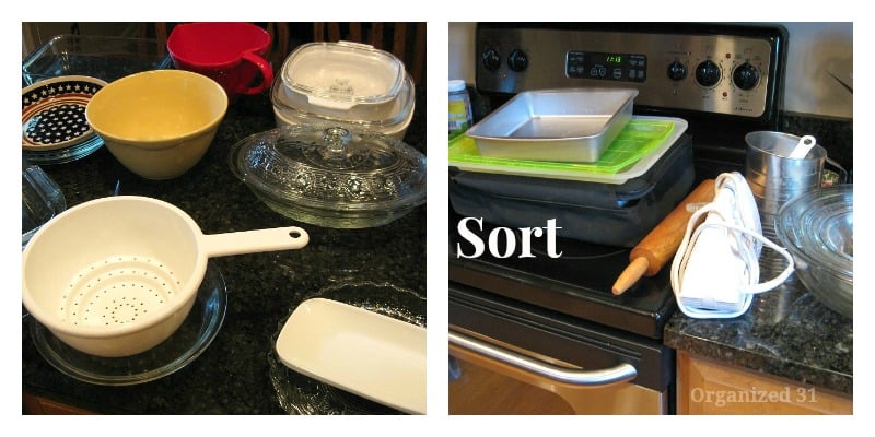 2 images of sorting items on kitchen counter