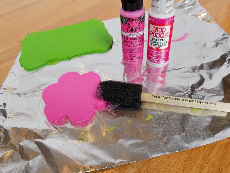 sponge brush painting wood shapes pink and green