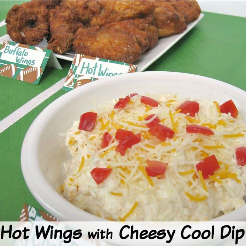 plate of chicken wings and large bowl of cheese dip on green table cloth