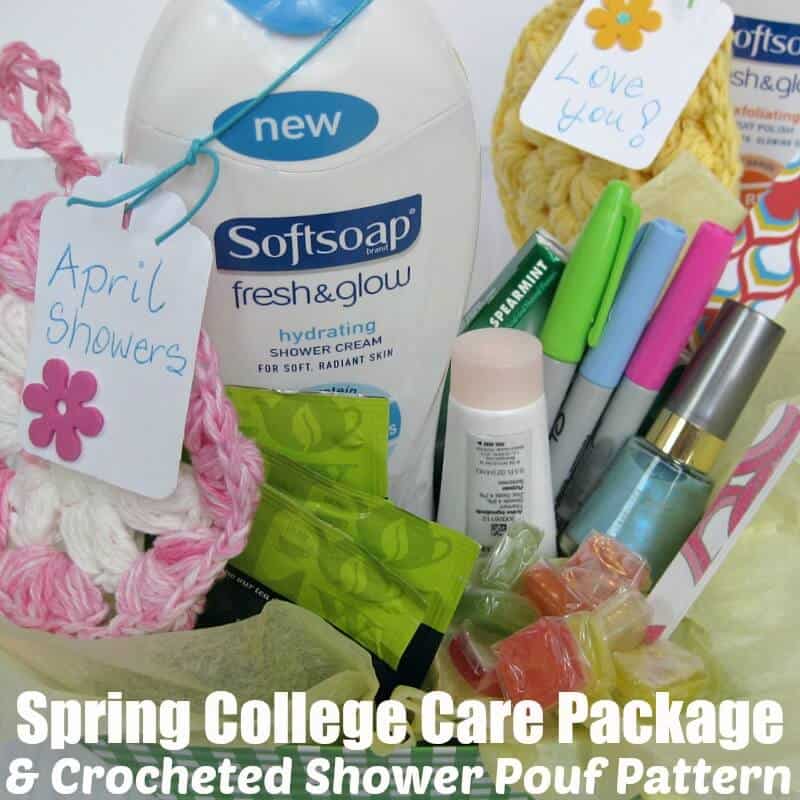 close up view of care package with pastel colored gift items and personal care items with tags saying "love you" and "April showers"