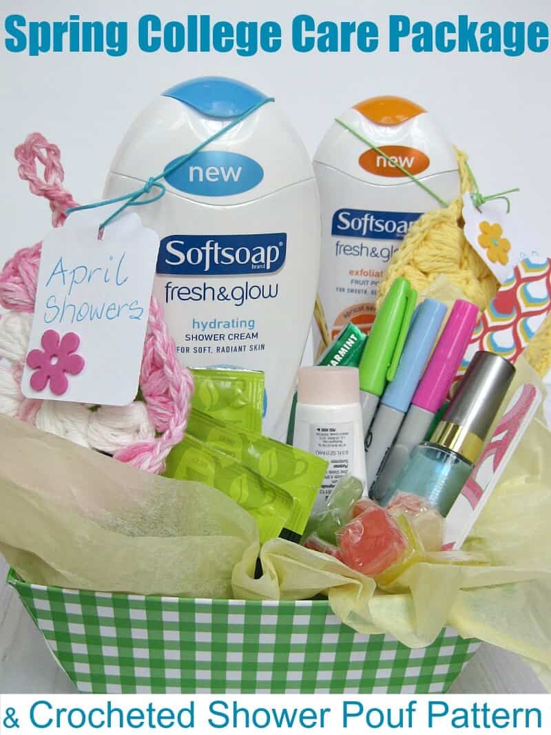 close up view of care package with pastel colored gift items and personal care items with tags saying "love you" and "April showers" in green and white basket