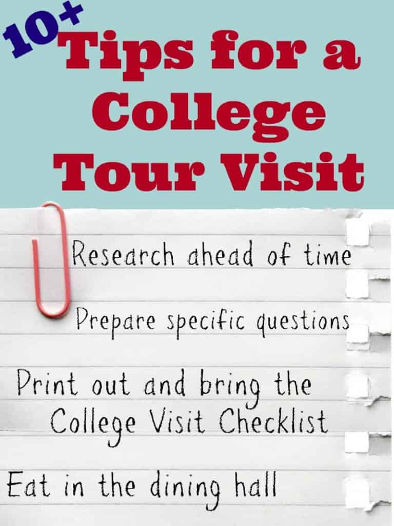piece of note paper with handwritten font text and pink paperclip with title text reading 10+ Tips for a College Tour Visit