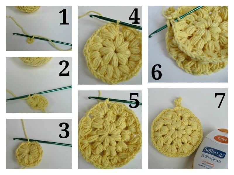 collage of 7 images of steps of how to crochet round yellow sponge with green crochet hook