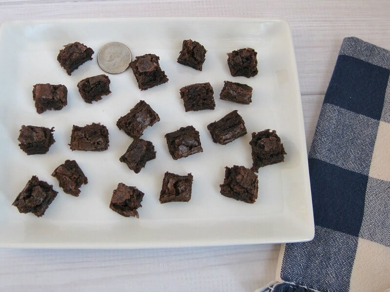 overhead view of white plate with small squares of brownies and quarter on plate to show size