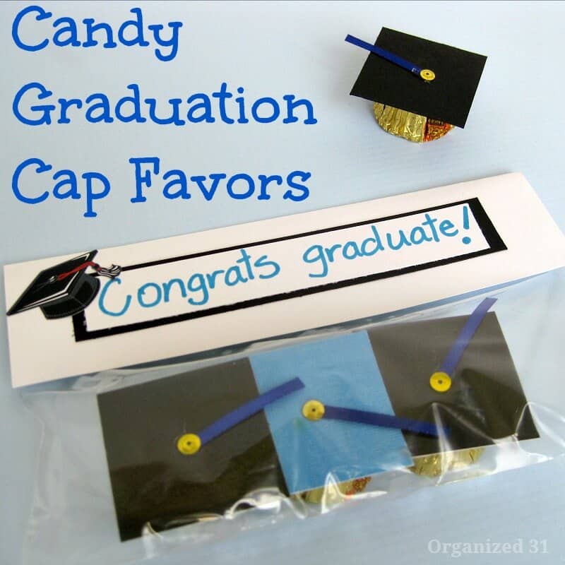 overhead view of package of graduation cap candies with label saying congrats graduate!