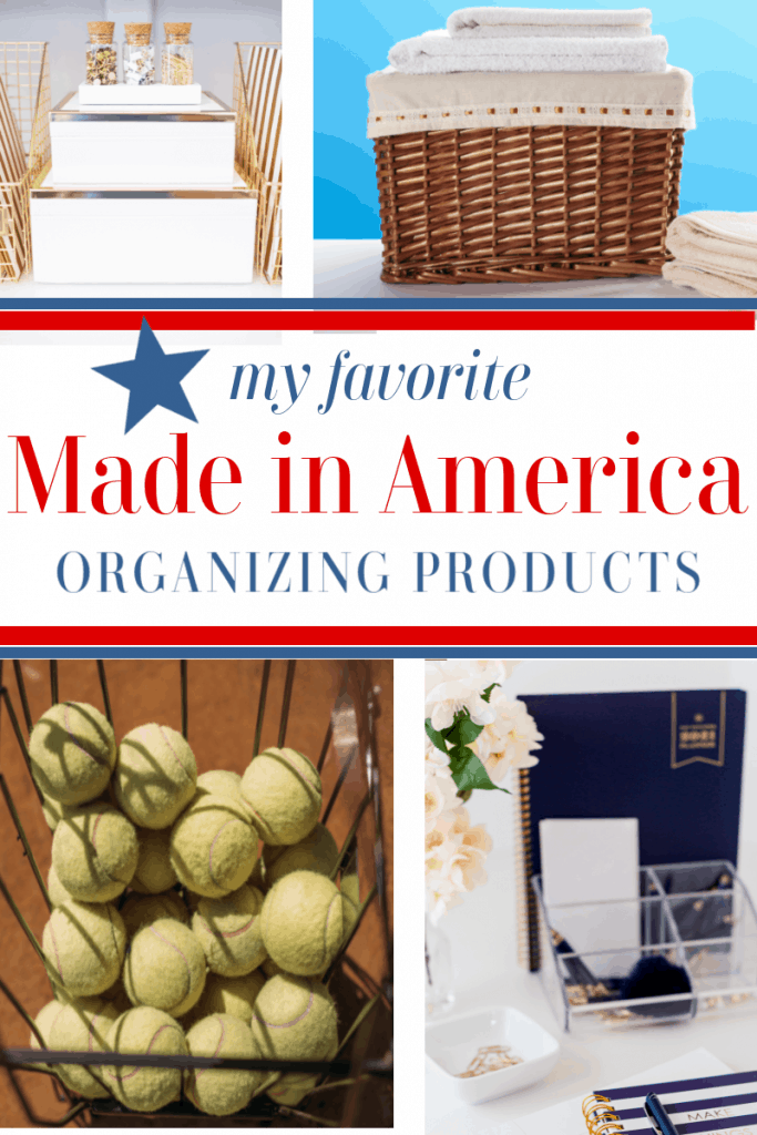 4 images - wire basket of tennis balls, clear desk organizer, wicker basket, organizing boxes in white with text overlay