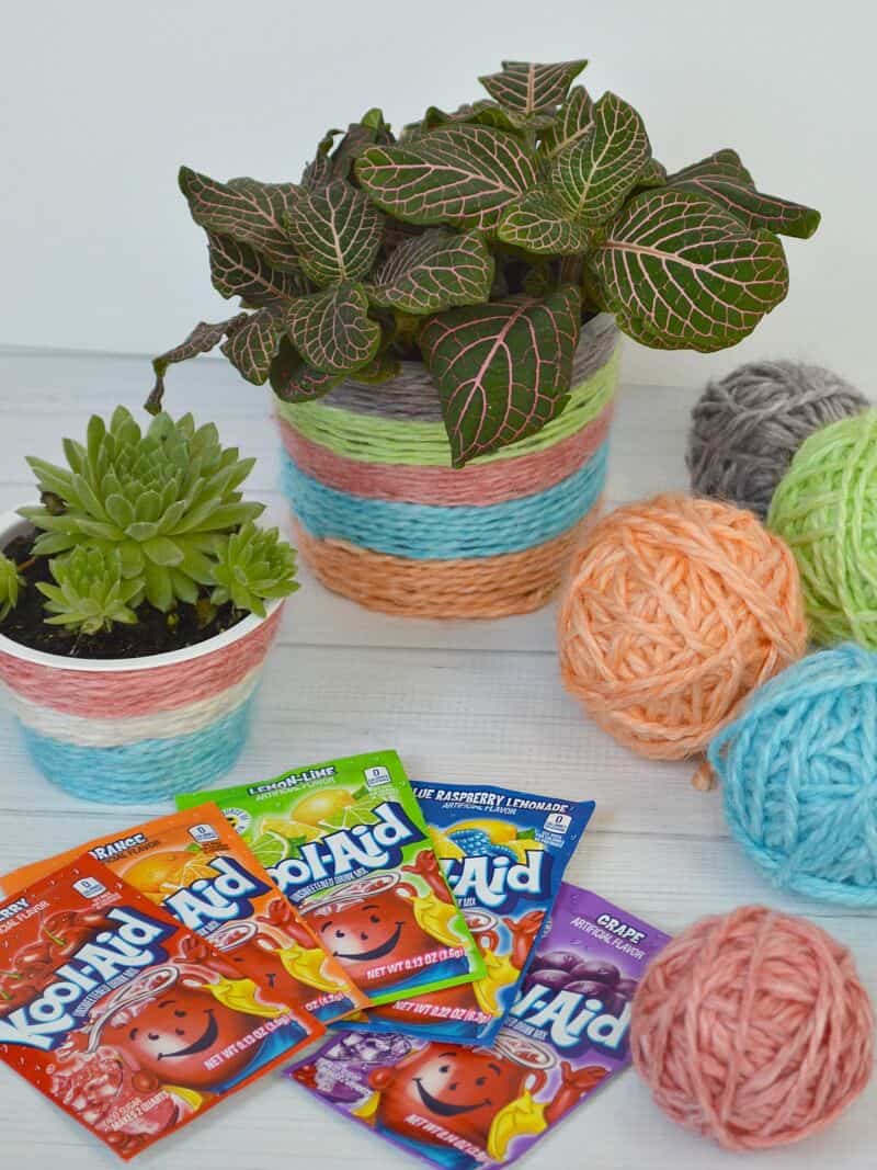 two plants in pots wrapped in brightly colored yarn with several brightly colored balls of yarn and packets of Kool-Aid on white wood table