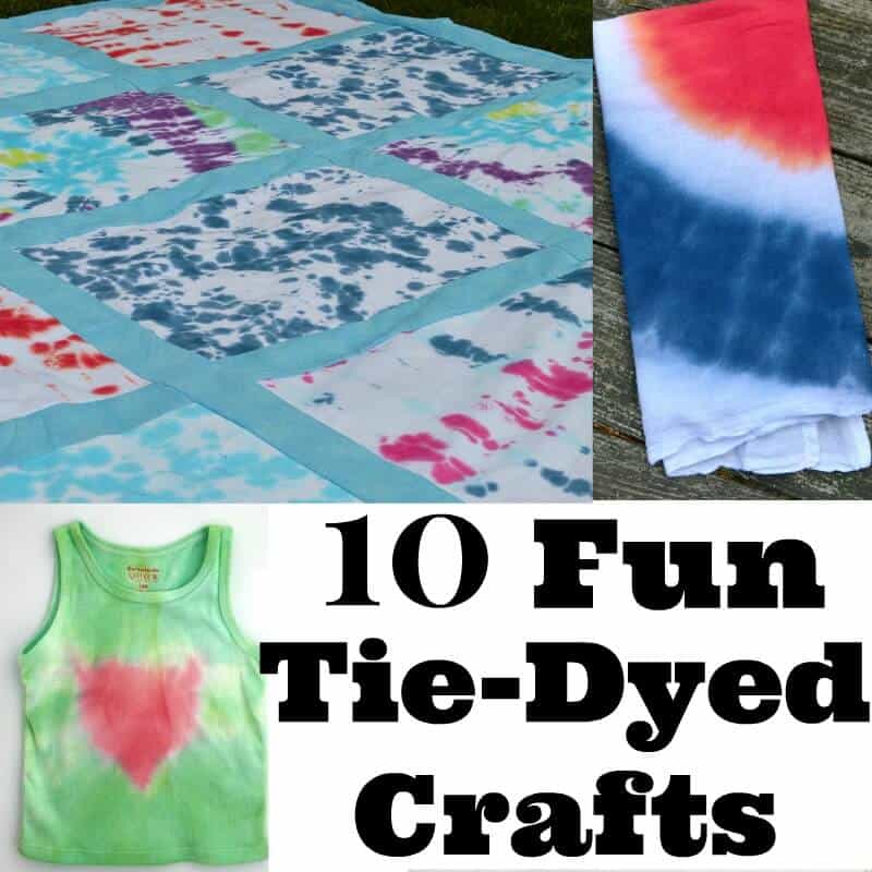 collage of 3 brightly colored tie-dyed craft projects