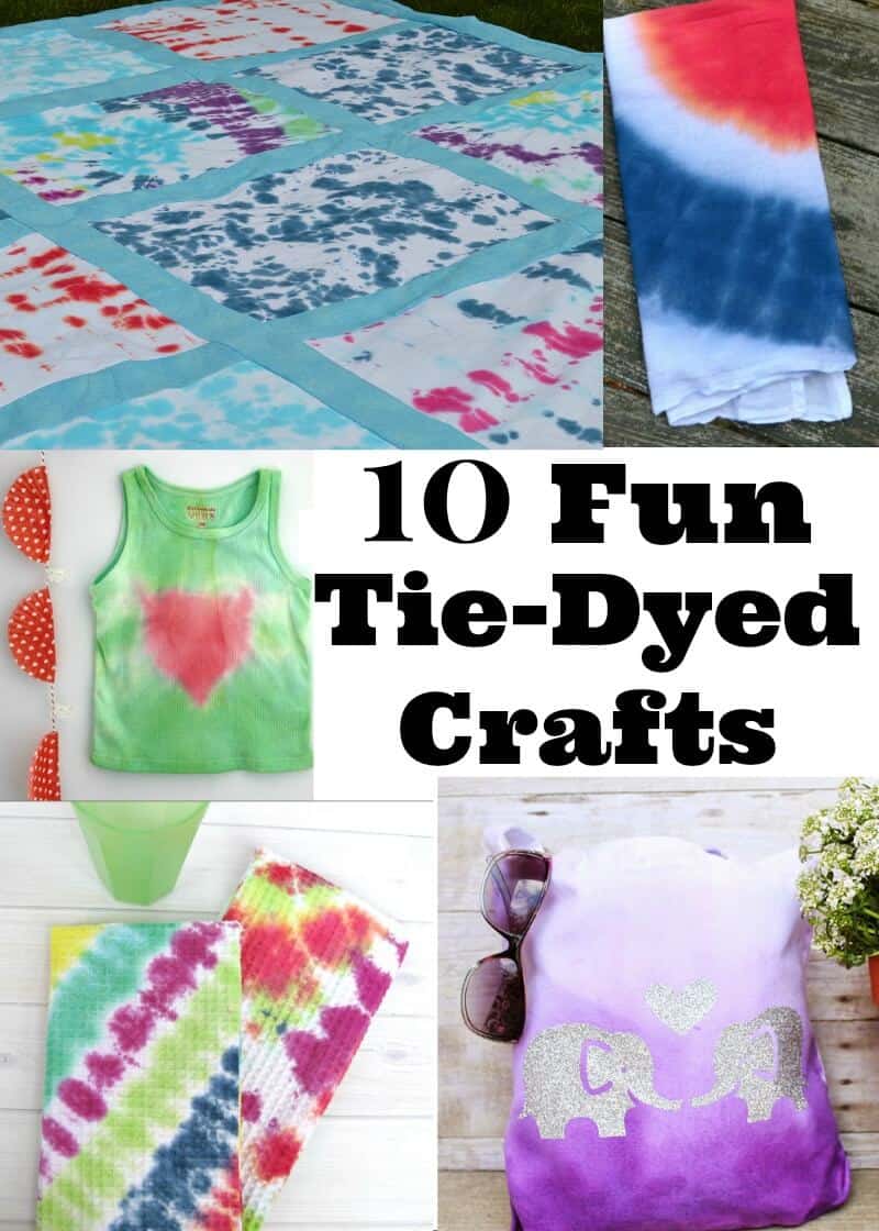 collage of 5 images of colorful tie-dye crafts 