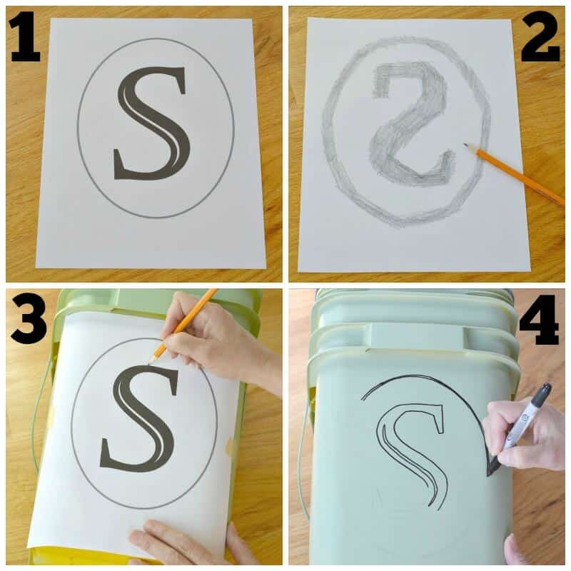 collage of 4 images of steps to make DIY monogram on the storage bucket