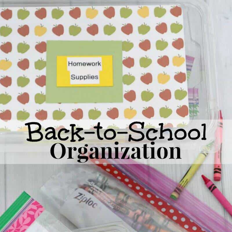 clear box labeled "homework supplies" and decorated plastic zippered bags of school supplies son a white table