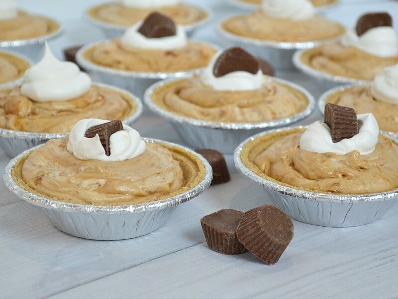 small no-bake pies with whipped cream and small chocolate garnish