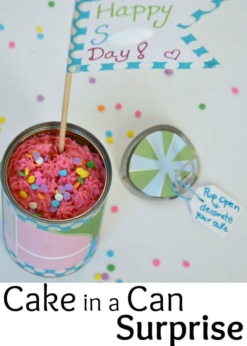 overhead view of open decorated tin can filled with pink frosting and sprinkles next to can lid with tag that says "pop open and decorate your cake"