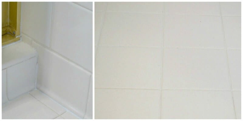 2 images of white tile, one with stained grout and one with clean grout