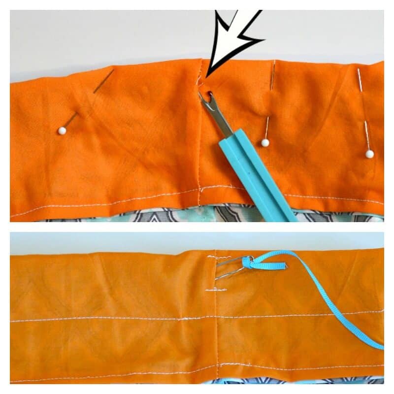 close up of safety pin attached to blue ribbon inserted into slot in orange fabric