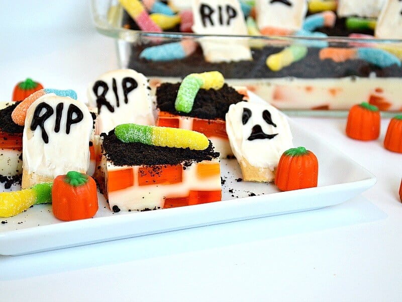 close up of plate of dessert decorated to look like graveyard.