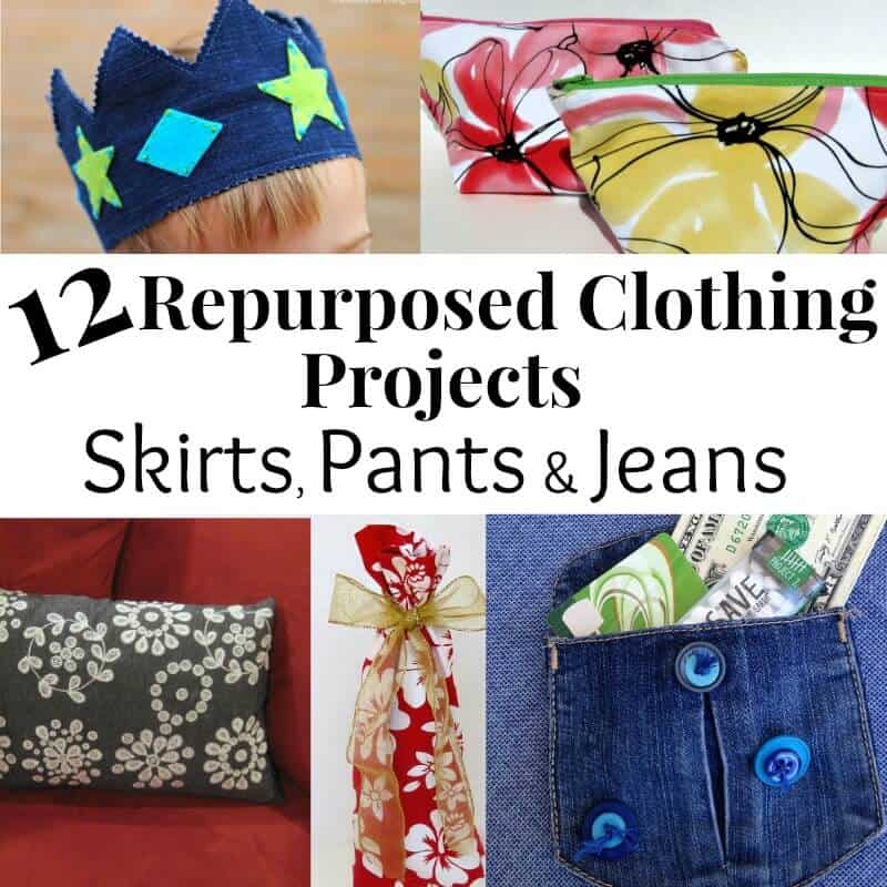 collage of 5 photos of repurposed clothing DIY projects