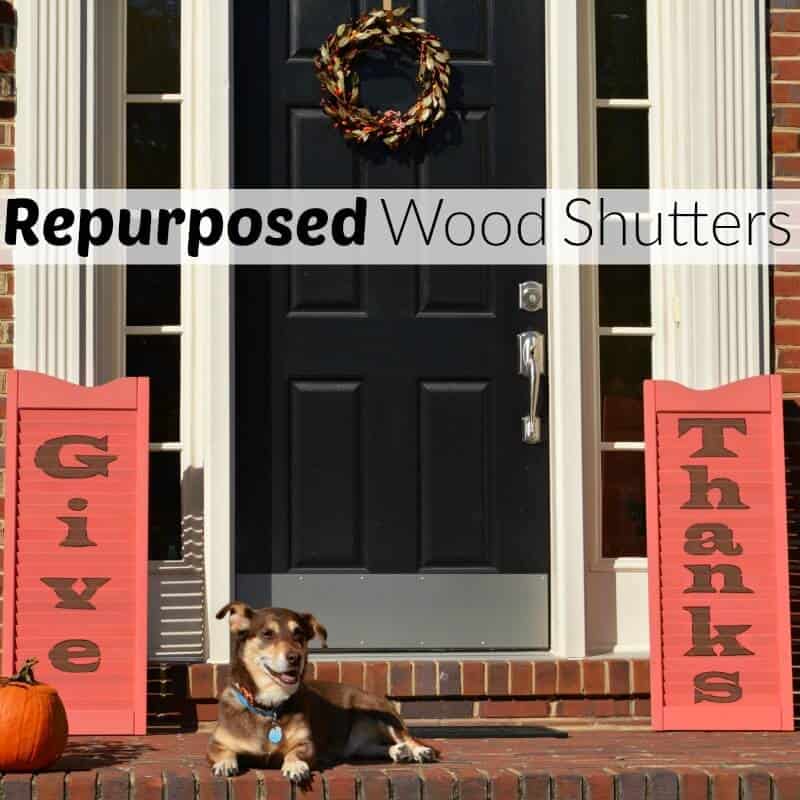 black front door with orange shutter on either side saying "give thanks" and brown and tan dog laying on brick step in front