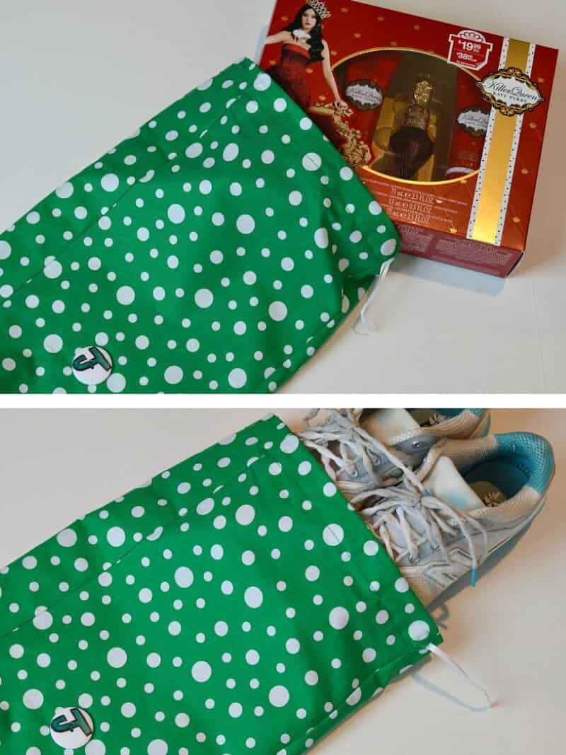 top image - green and white polka dot fabric bag with red perfume box half in the bag
bottom image - green and white polka dot fabric bag with white running shoes half in the bag