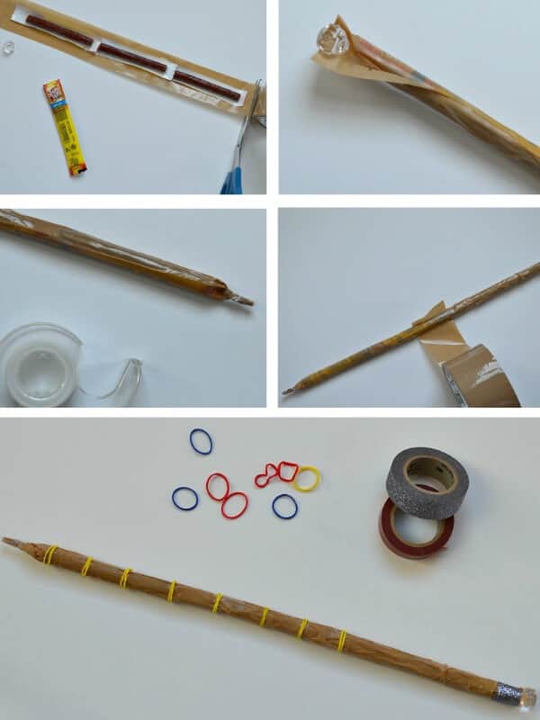 collage of 5 images of steps to make DIY magic wand using Slim Jim snacks and tape
