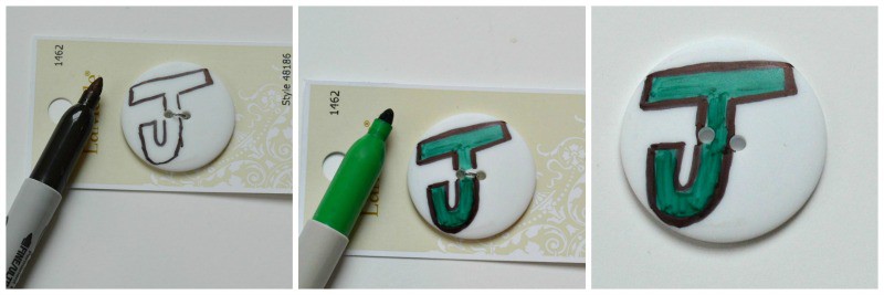collage of 3 images of steps to draw green and black outlined letter "J" white button
