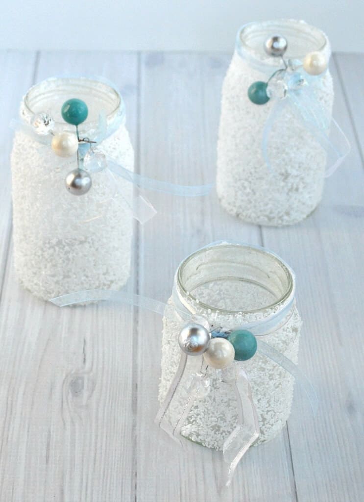 Make these easy DIY Wintry Epsom Salt jars for pennies and in minutes using recycled glass jars.