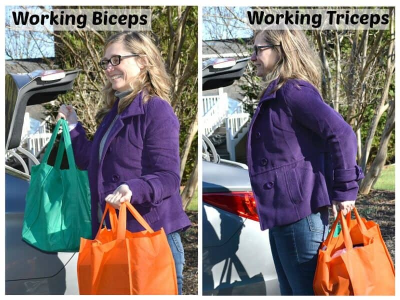 collage of 2 photos of woman lifting shopping bags in 2 different ways