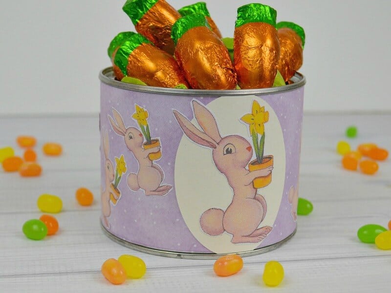 close up of Easter bunny can filled with candy