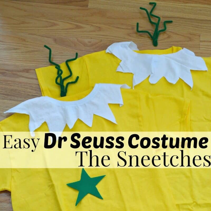 2 yellow t-shirts decorated to look like Dr. Seuss Sneetches with title text overlay reading Easy Dr Seuss Costume The Sneetches
