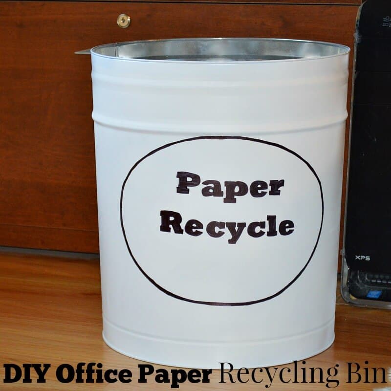 White bucket with words "paper recycle" in black with title text reading DIY Office Paper Recycling Bin